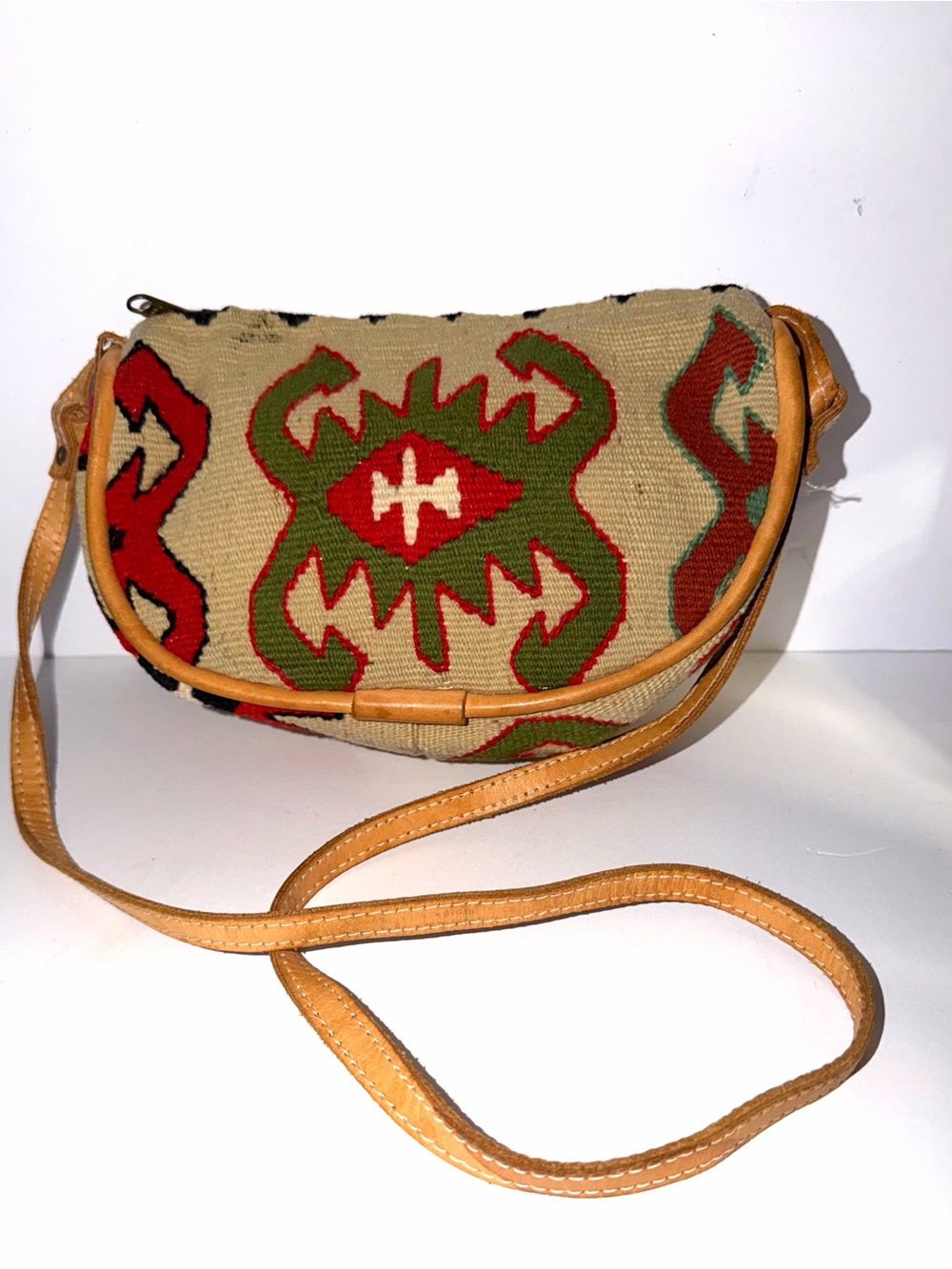 Handwoven Wool and Leather Tribal Crossbody Bag in Tan, Red & Green